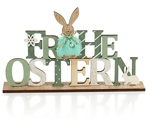 com-four® Deko Aufsteller für Ostern, Schriftzug mit Osterhasen | Osterdeko zum Hinstellen - Osterdekoration aus Holz mit Glöckchen
