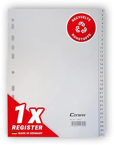 Conipa® - 1er Set 1-31 Register für Ordner DIN A4 (MADE IN GERMANY) - Ordner-Registerblätter & Trennblätter mit Zahlen (nummeriert) Kunststoff (PP) - Trennregister Akten, Ringbücher & Hefter (Grau)