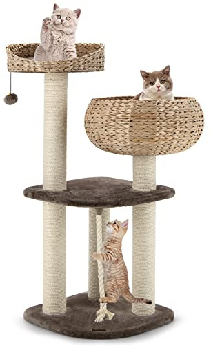 COSTWAY Arbre a Chat XXL 104 cm, Arbre a Chat Bois, 3 Poteaux à Griffer en Sisal,Tour pour Chaton 3 Plateformes, Panier, Pompon, Corde à Griffer, 45 × 45 × 104 cm