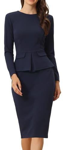 Allegra K Vestiti Aderenti da Donna Girocollo Maniche Lunghe Casual da Lavoro Outfits Peplum Tubino, blu navy, XL