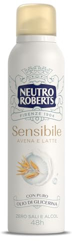 Neutro Roberts, Deodorante Spray Pelle Sensibile con Avena Lenitiva e Latte, Zero Sali di Alluminio, Zero Alcol, con Puro Olio di Glicerina, Per Pelli Sensibili, Dermatologicamente testato, 150ml, 48h