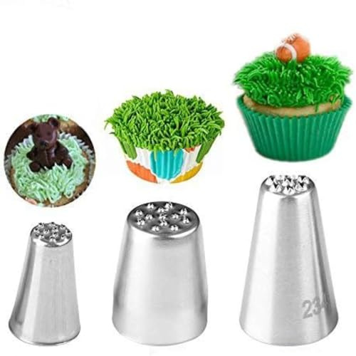 3 x Spritztüllen für Grascreme, Cupcakes, praktische Spritztüllen, Edelstahl, Gebäckspitzen, Gras, Fury, Kuchendekorationswerkzeug (Silber)