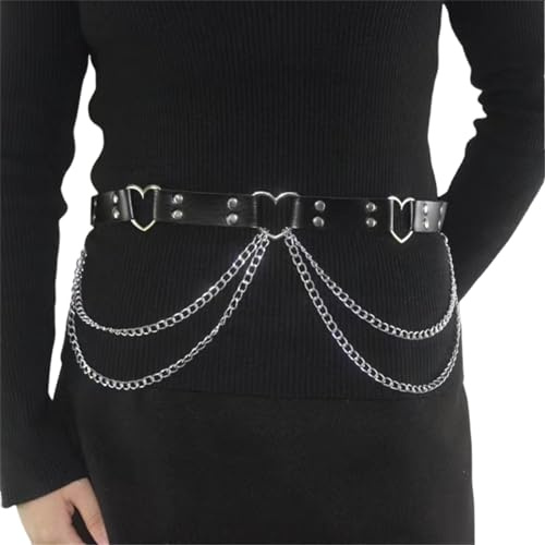 alloneslife Verstellbarer Taillengürtel, Punk-Körperkette für Kleid, Bühnentanz für Damen, Mädchen, Nietengürtel, Hot-Girl-Gürtel, Nieten, Herz, Schwarz , Total length 105cm, adjustable 64-102cm