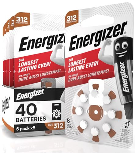 Lot de 40 piles acoustiques énergétiques pour appareils auditifs pour écouteurs taille 312 marron avec technologie PowerSeal - 5 ampoules de 8 piles
