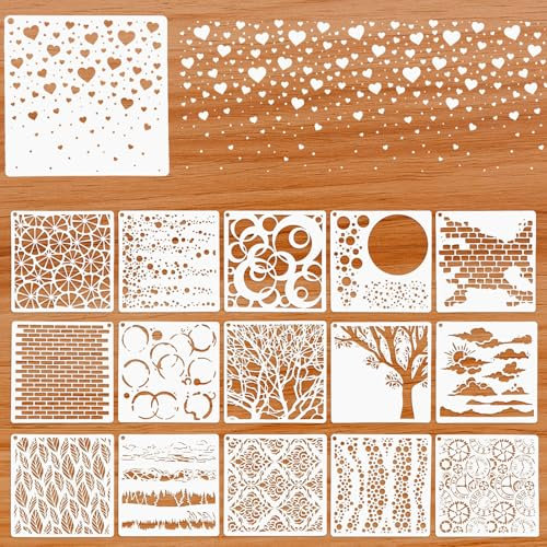 16 Stück Schablonen Malen, 6×6inch Landschafts Malschablonen Textilgestaltung-Schablonen Wandgestaltung-Malschablonen für Möbel Polster Wände Karten Leinwände