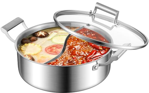 Delarlo 6.8QT Tri-Ply Stainless Steel Double-flavor Shabu Shabu Pot 12 inch Everyday Pan with Lid, Kitchen Induction,Cooking Hot Pot, Oven Safe Stock Pot, Up to 600℉