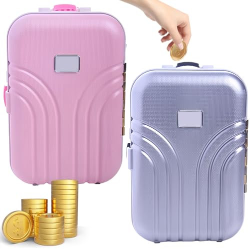 WANDGU 2 Stück Kreative Koffer Spardose: Mini Gepäck Sparschwein, Spardose Simulation Reisekoffer, Niedliche Spardose Koffer für Kinder und Erwachsene Witziges Geschenk(Rosa, Silber)