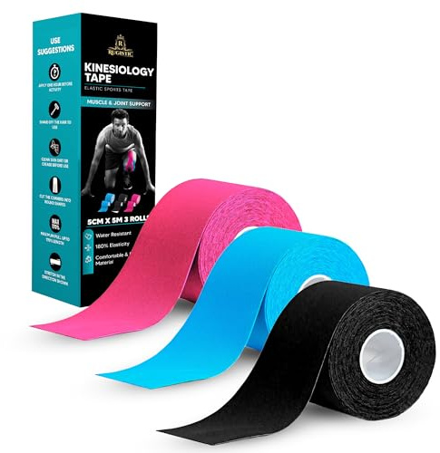 Rugistic Kinesiology Tape Pack of 3 – Sports Tape for Muscle & Joint Support – Latex-Free Hypoallergenic Adhesive – Breathable Cotton Elastic Physio Tape for Athletes, Gym & Sports Use
