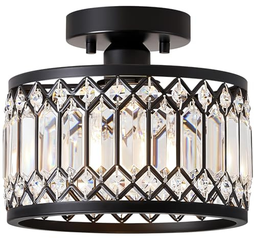Kristall Deckenlampe, Kronleuchter Schwarz Modern, Rund, Ø23cm, E27 Fassung | Kristall Lampenschirm, Lampe Decke für Flur Wohnzimmer Schlafzimmer Küche Esszimmer, 1-Light Max.60W