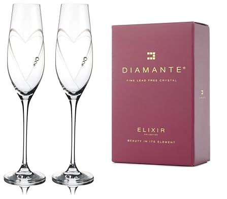 DIAMANTE Swarovski Champagne Flutes Prosecco Glasses Pair 'Hearts' Design with Swarovski Crystals Blown Crystal - 210ml - Chimney Box