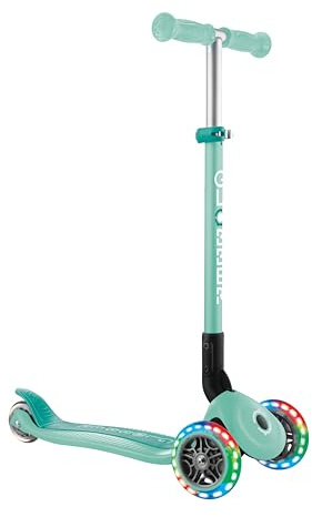GLOBBER Primo Foldable Lights – Tretroller Kinder, 120/80 mm, ABEC 9, 3-rädrig, höhenverstellbar, LED-Rollen, Mint