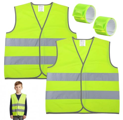 2Pcs Giubbotto Catarifrangente Bambino E 2Pcs Bande Riflettenti, 44 X 47 cm Gilet Catarifrangente, 360° Gilet Alta Visibilità, Adatto A Bambini Dai 7 Ai 9 Anni E Applicabile A Sport, Corsa E Ciclismo