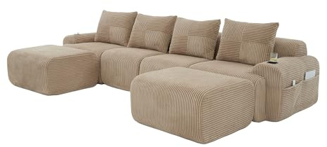 HAINEW Modern modulär soffa av manchestersoffa med mugghållare och sidofickor, gör-det-själv kombination, utan montering, komprimerad boneless soffa, L/U-form 2–4-sitsig hörnsoffa (kaki, 4-sits + 2)