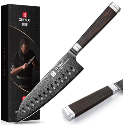 XINZUO 67 Couches Acier Damas 18,2cm Couteau Santoku Forgé Professionnel | Couteau de Cuisine de Chef Lame Tranchante -Poignée Ergonomique en Bois de Ébène -avec Boîte Cadeau -Ji Série