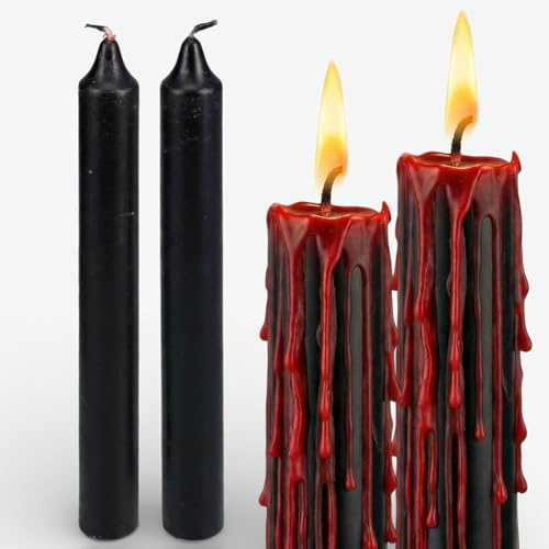 MIJOMA Tropfkerzen 2er Set – schwarze Stabkerzen mit rotem Tropfeffekt – Dekokerzen für Halloween Tischdeko und Mottoabende – für Kerzenhalter geeignet