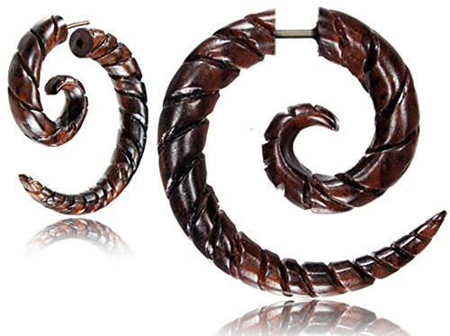 Fake Spirale Lobe Piercing Edelstahl Ohrstecker Dehnschnecke Holz Ohrring Dehner | Dehnspirale unisex Frauen Männer | 6mm 8mm Chirurgenstahl Steckverschluss Schraubverschluss Ohr Tribal Spiralen