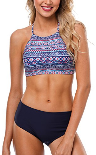 CharmLeaks Women High Neck Bikini Swimwear Cross Back Vintage Swimsuit Navy Aztec XL