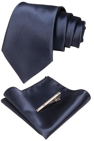 JEMYGINS Cravate Homme Bleu Marine en Soie Brillant Tissu doux Mariage et Pinces à cravate et Carre de poche Ensemble Compris boîte(1)