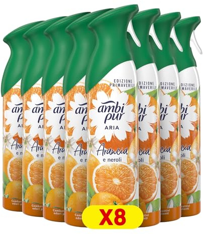 Ambi Pur Deodorante Ambiente Spray, Confezione da 8 Deodoranti, Fragranza Arancia e Cannella, Combatte Gli Odori In Qualsiasi Stanza Della Casa