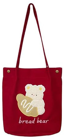 Attria Y2k Sac fourre-tout en velours côtelé pour femme Imprimé ours Grande capacité Sac à main japonais Kawaii décontracté, Pain rouge, Taille unique