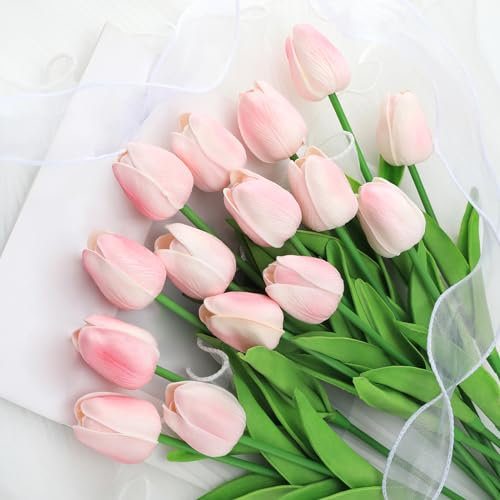 Kisflower 12Pcs Latex Artificial Tulips - Fake Tulips Artificial Flowers Faux Pink Tulips Real Touch Flower for Home Office Wedding Decoration（Pink）