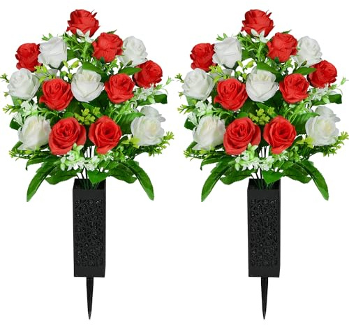 Kukooka Künstliche Friedhofsblumen, 2 Stück Grabschmuck Gedenkblumen mit Vase, Künstlicher Rosenstrauß für Friedhof Grabsteine Grabstätten Dekoration (Rot & Weiß)