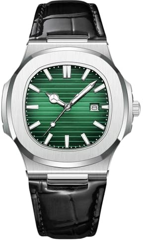 RORIOS Herren Minimalistic Uhr Analog Quarz Armbanduhr Datum Kalender Leuchtend Uhr Freizeit Edelstahl Herrenuhren mit Leder Armband Silber Grün