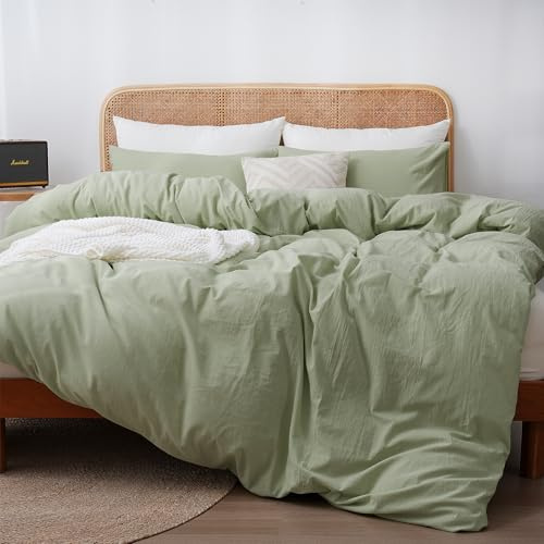 ATsense Ropa de cama de 155 x 220 cm de algodón, 2 piezas, color verde claro, certificado ÖkoTex, con tacto de lino, transpirable, 1 funda nórdica y 1 funda de almohada de 80 x 80 cm