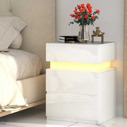 Lvhecforhm Table de Chevet, avec Bande LED Multicolore Réglable, Haute Brillante avec 3 Tiroirs Blanc, Moderne Table d’Appoint pour Salon, Chambre, Bureau 40x35x55cm