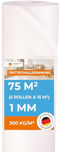 Trittschalldämmung Vinyl 75 m² | Premium Vinyl 1mm stark | 5 Rollen Klick Vinyl Unterlage | gute Schall- und Wärmedämmung | Dämmunterlage auch Fußbodenheizung geeignet