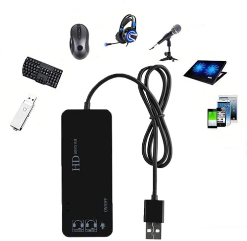 PEIYUI Adaptateur audio USB stéréo externe avec casque et microphone 3,5 mm et 3 prises USB pour Windows, Mac, Linux, PC, ordinateurs portables, ordinateurs de bureau, PS4 USB externe (6 en 1, noir)