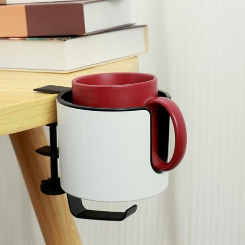 Sutowe Table Cup Holder with Headphone Hanger 2 in 1 Under Desk Headphone Stand Hook with Desk Side Drink Cup Holder ClipAdjustable Coffee Mug Holder Gaming Desk Accessories(white)