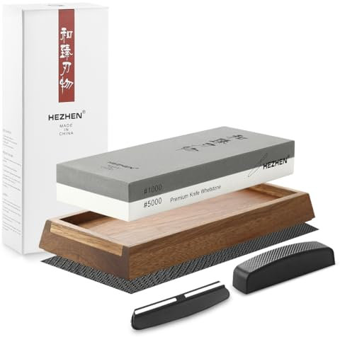 HEZHEN Double-Side Whetstone, Extra Large Corundum Sharpening Stone Kit, Professional Knife Sharpener Set 1000/5000 Grit with Non-Slip Acacia Wood Base/Flattening Stone/Angle Guide