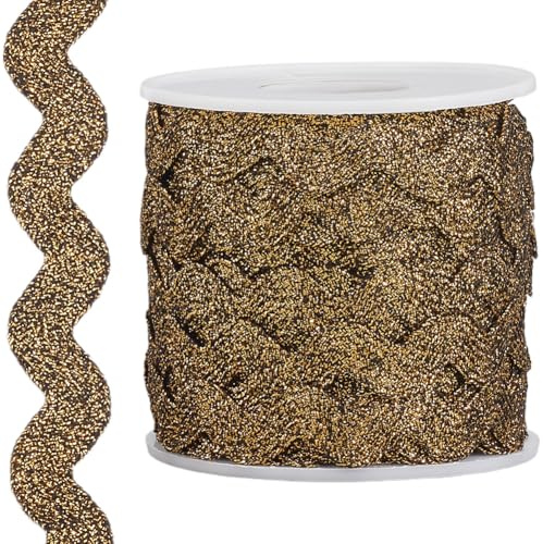 GORGECRAFT 15.1 m Metallic Gold Zickzack Borte 15mm RIC Rac Besatz Glitzernder Zickzack Weihnachtsborte Geflochtene Webborte Gewelltes Fransenband Gewellter Rand Stoff Für Heimwerker Basteln Nähen Ho