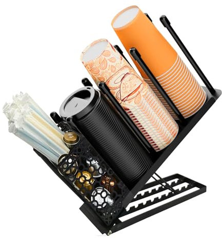 kaixinha Adjustable Cup Holder Organiser for Coffee Capsules, Mugs, Spoons, Tea Bags | Black Metal Organiser with Removable Basket | Home, Cafe, Office Kitchen Utensils