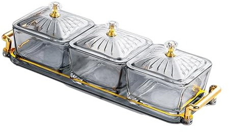 JSGHGDF Plateaux de service en verre avec 3 compartiments et couvercle assortis et plateau pour collations, apéritifs, cuisine, récipient essentiel en verre pour fruits secs