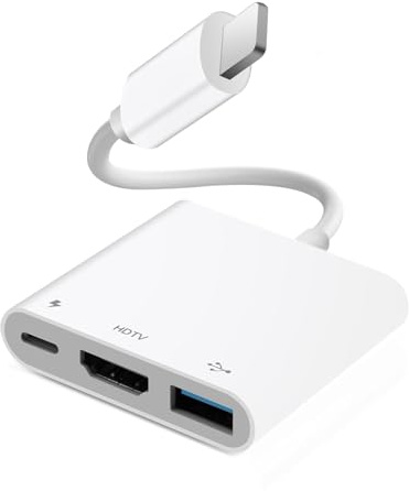 [Certificado Apple MFI] Light-Ning Digital AV Adapter Hub para iPhone iPad, 3 en 1 Light-Ning Hub con Salida HDMI, USB OTG y Puerto de Carga, soporta vídeo, Aplicaciones, Fotos, Juegos, Espejo de