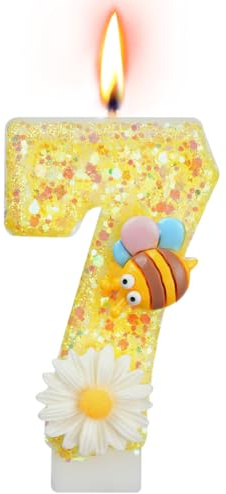 Alaoo Födelsedagsljus nummer 7,3D gult bi ljus | Tårtdekoration nummer 7 ljus, för årsdag, födelsedag, babyshower, gul