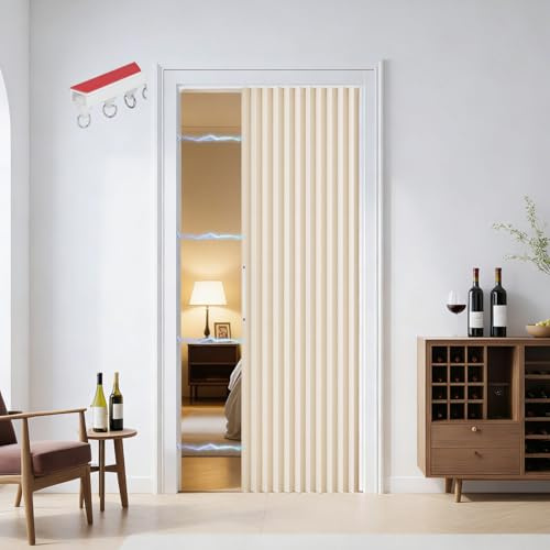 Btstil Cortina magnética para puerta, 100 % opaca, puerta de acordeón con cierre magnético, montaje adhesivo sin taladrar, incluye capa adhesiva, aspecto de lino, plegable (beige)