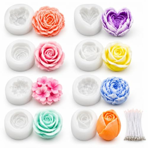Moule Fleur, Moule Silicone Bougie Fleur, Moule Rose Silicone 3D Stéréoscopique Réutilisable, Pour Bougies, Savon, Pâtisserie et Cadeau Fait à la Main (8 articles)