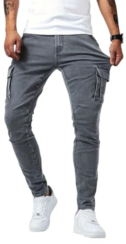 WINKEEY Jeans Uomo Slim Fit Pantaloni Cargo Uomo Jeans Lavoro Elasticizzati con 6 Tasche Pantaloni Casual,Grigio L