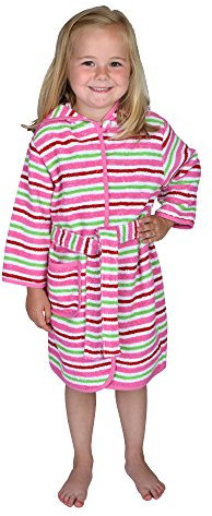 Wörner Südfrottier Mädchen Baby Kleinkind 'Pferd/Ringel orchidee' Gr. 74-116 Schlafanzug 2tlg Shorty Lätzchen Kapuzen-Badetuch Waschhandschuh Badeponcho Bademantel, Bademantel Gr.110/116 Ringel orchidee, 86/92