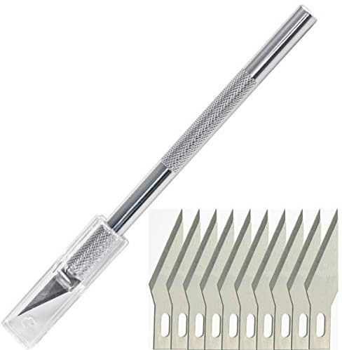 Lame di Bisturi con Pratico Manico in Metallo │ 1 pezzo │ lungo: 12 cm, largo: 1 cm │ di cui 20 lame di ricambio │ Coltello Artigianale │ Cutter di Prezisione │ by FD-Workstuff