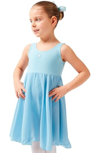 tanzmuster Ballettkleid Helena mit breiten Trägern und langem Chiffon Röckchen. Besonderer Ballettanzug mit Glitzerstein in rosa und hellblau.