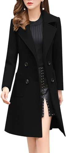 chouyatou Women Elegant Notched Collar Double Breasted Wool Blend Over Coat (Medium, Black)