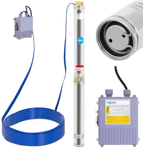 hillvert Pompe Submersible Pompe À Eau Immergée HT-ROBSON-SP2200-72 (Débit De 9 000 l/h, 2 200 W, Hauteur De Refoulement 72 m, Pour Forages ø 100 mm, Boîtier De Commande Compris)
