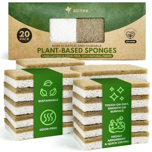 AIRNEX Natural Kitchen Sponges Pack of 20 - Biodegradable Cellulose and Coconut Husk Walnut Scrubbers - Odor Free Non Scratch - Eco Friendly Quick Drying Dishwashing Sponges