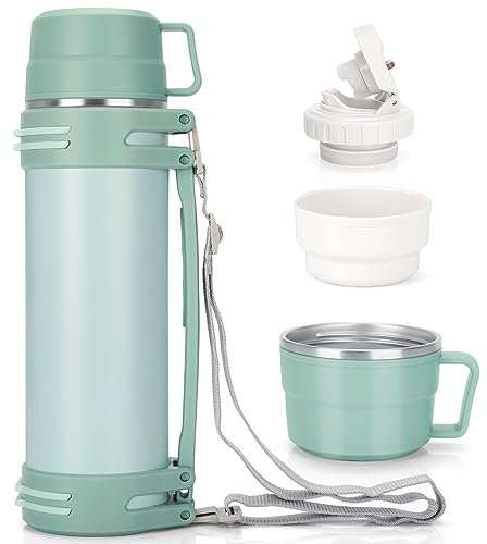Thermosflasche 1,5L, Thermoskanne mit 2 Becher, Doppelwand aus Edelstahl Isolierflasche, Auslaufsicher Groß Thermoskanne Camping Oder Wandern mit Robuster Griff & Tragegurt, 18h heiß/24h kalt Minzgrün