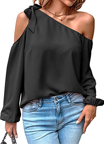 Toplop Bluse Damen Langarmshirt Schulterfrei: Festlich Elegant Oberteil Sexy Tops Herbst Frühling Lässig Kurzarm Tunika Damenbluse mit Carmen Asymmetrischer Ausschnitt/Rüschen Rundhals B-Schwarz XL