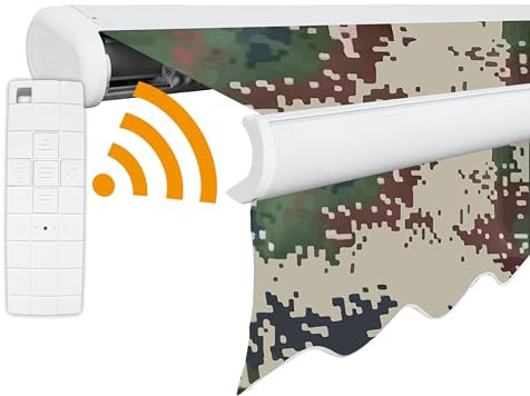 Arilco Elektrische Vollkassettenmarkise Kassettenmarkise Gelenkarmmarkise Markise Sonnenmarkise Sonnenschutz in vielen Farben und Größen wählbar in der Kassettenfarbe Weiß (6x3,5m Camouflage)
